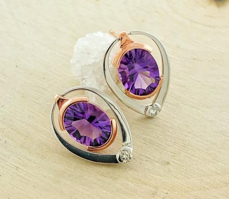 18 karat white and rose gold, amethyst and diamond earrings. Custom designed by Rick Little. $976.00  Limited design 2 of 5 *This item is sold and may be special ordered*.