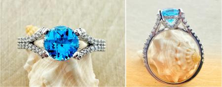 1.65 carat Swiss Blue Topaz accented by 74 brilliant cut diamonds. Fashioned in 14 karat white gold. *sold*