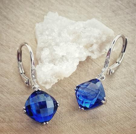 14 karat white gold checkerboard cut lab grown sapphire and diamond earrings. *sold*