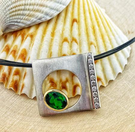 18 karat white and yellow gold chrome diopside and diamond necklace. $2450.00 *This item is sold and may be special ordered*