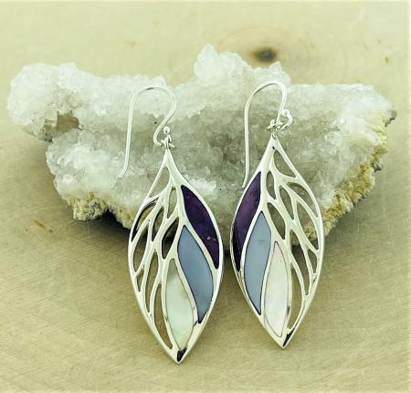 Sterling silver, purple turquoise and mother of pearl leaf earrings.  *Currently out of stock*