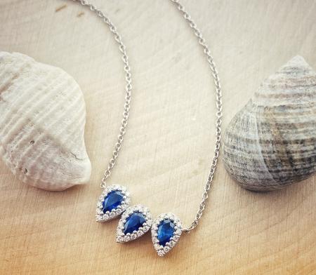 14 karat white gold triple blue sapphire diamond halo stationed necklace. *sold*