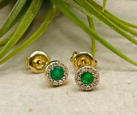 14 karat yellow gold, .25ctw emerald and diamond halo stud earrings.  $490.00