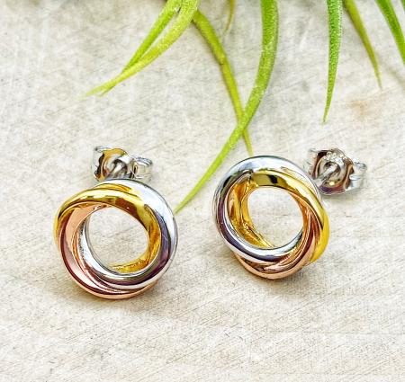 Sterling silver, yellow and rose gold vermeil bevel Cirque Trilogy stud earrings. $130.00