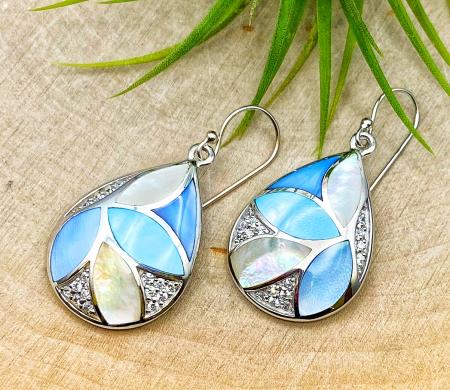 Sterling silver blue & white mother of pearl and zirconia dangle earrings.  $240.00