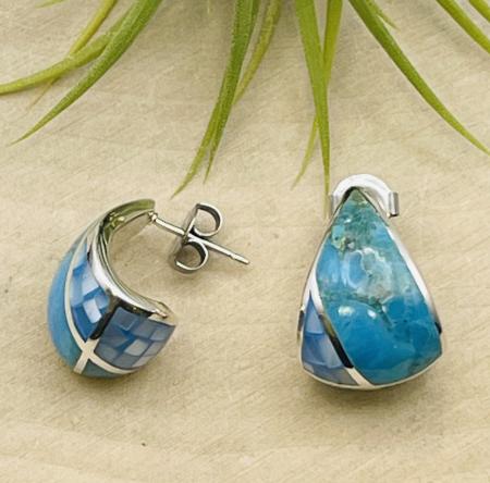Sterling silver turquoise, blue mother of pearl mosaic half hoop post earrings. $160.00