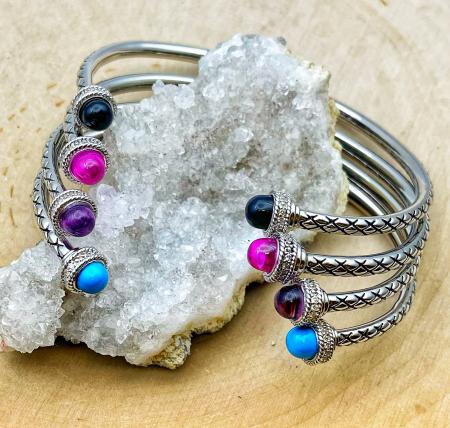 Sterling silver onyx, rose quartz, amethyst and turquoise bangle bracelet with diamond accents. $250.00 each