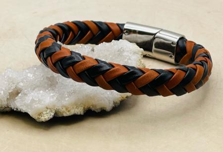 Stainless Steel brown/black woven leather 8.5" bracelet. $95.00