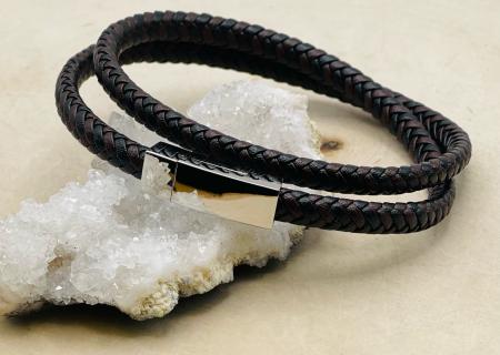 Stainless Steel tube braid double wrap brown leather bracelet. $79.00