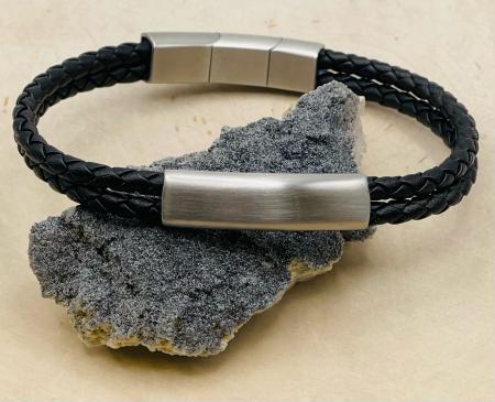 Brushed Stainless Steel black double braided leather 8 + .5" bracelet. $99.00