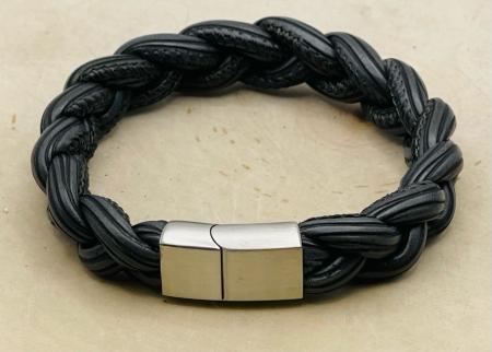 Stainless Steel grey/black thick braided leather 8.25" bracelet. $89.00