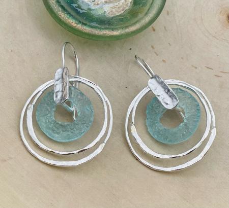 Sterling silver roman glass bottle rim circle earrings. $195.00