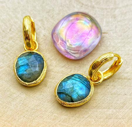 Sterling silver and 18 karat gold vermeil labradorite earrings. $210.00
