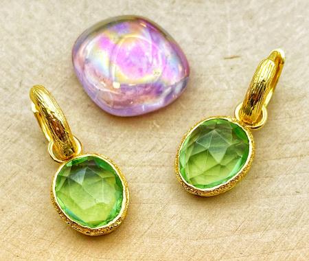 Sterling silver and 18 karat gold vermeil prasiolite earrings with huggie hoop top. $210.00