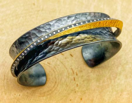 24 karat hammered fusion gold and oxidized sterling silver diamond cuff bracelet. $1930.00