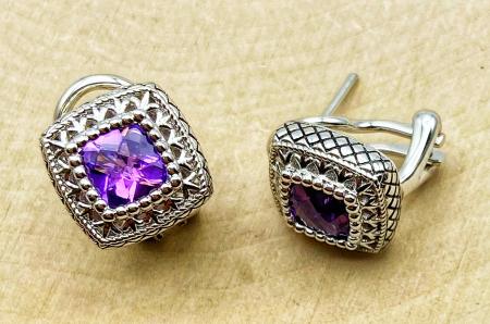 Sterling silver checkerboard cut amethyst earrings. $250.00 