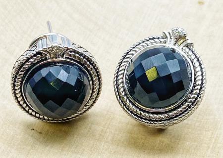 Sterling silver earrings with 12mm rose cut black onyx and diamond accents. $325.00