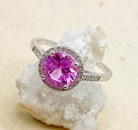 14 karat white gold lab grown pink sapphire and diamond ring. $690.00