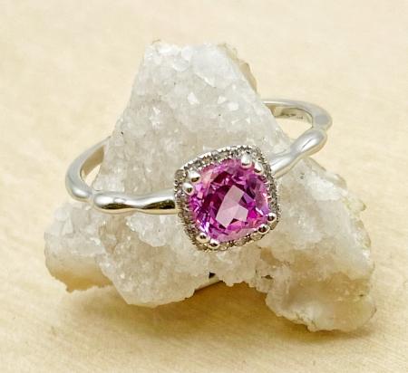 14 karat white gold cushion cut lab grown pink sapphire and diamond ring. $530.00