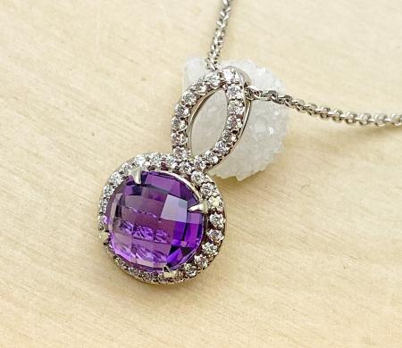 14 karat white gold custom checkerboard cut amethyst and diamond necklace. $2000.00