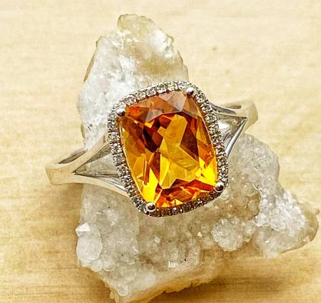 14 karat white gold cushion cut citrine and diamond ring. $935.00