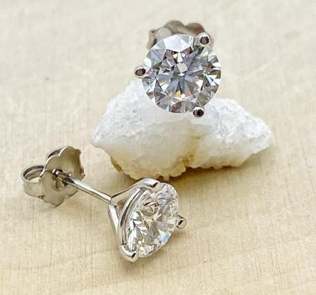 14 karat white gold lab grown diamond studs. 2.36 carat total weight, VS1 clarity, D color. $3500.00