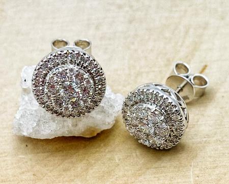 14 karat white gold lab diamond halo cluster earrings totaling 1.10 carats. $1500.00