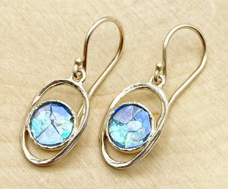 Sterling silver oval framed Roman glass earrings. $185.00