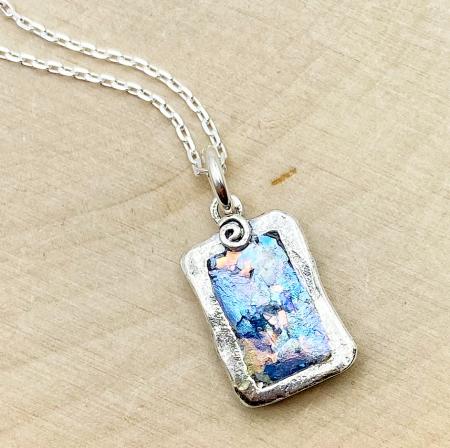Sterling silver rectangular Roman glass necklace. $115.00