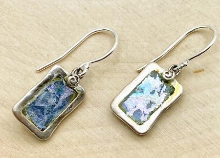 Sterling silver rectangular Roman glass earrings. $200.00