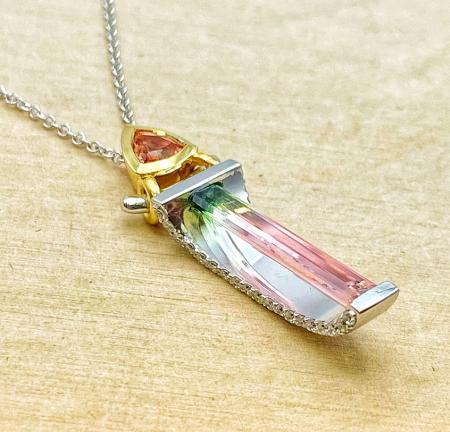 18 karat white and yellow watermelon tourmaline, pink tourmaline and diamond necklace. $3175.00**SOLD**