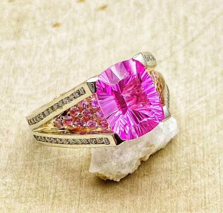 18 karat rose and white gold custom cut lab grown pink sapphire, natural light pin sapphire and diamond ring. $2850.00 **SOLD**