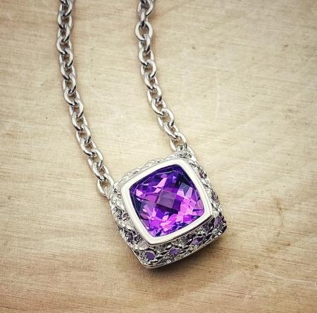 Sterling silver cushion cut amethyst necklace. $225.00