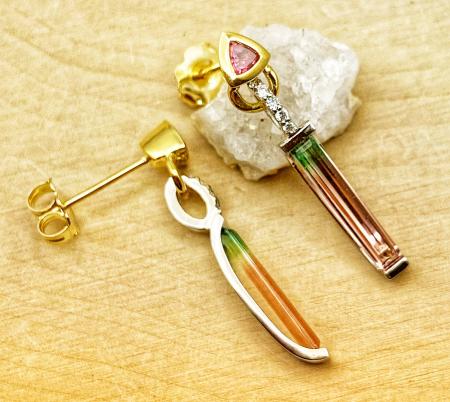 18 karat white and yellow gold baguette cut watermelon tourmaline, diamond and pink tourmaline earrings. $1750.00