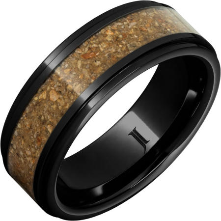 8mm black ceramic wedding ring with brown dinosaur fossil inlay. $470.00
sku 133-12724