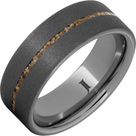 8mm sand blasted dark gray serinium wedding band with dinosaur fossil inlay. $665.00
sku 133-12733