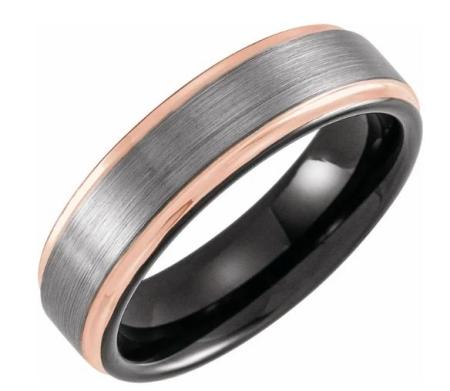 6mm gray and black tungsten with 18 karat rose gold overlay. $329.00
sku 645-10536