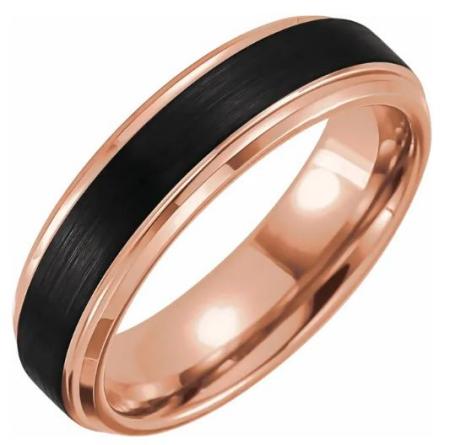 6mm black tungsten with 18 karat rose gold overlay. $329.00
sku 645-10534