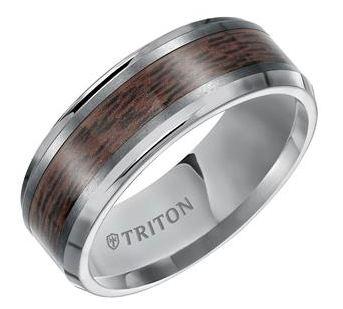 8mm gray tungsten with wood inlay and beveled edge. $480.00
sku 181-10108