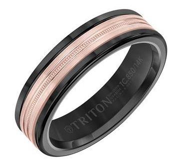 6mm black tungsten bang with a 14 karat rose gold milgrain center. $950.00
sku 130-10742