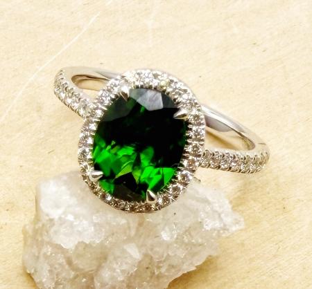 14 karat white gold chrome diopside and diamond ring. $2890.00