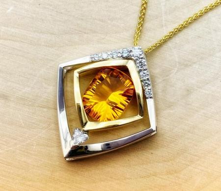 18 karat yellow gold and continuum sterling silver custom radial cushion cut 2.37 carat citrine and diamond necklace. 460-11104