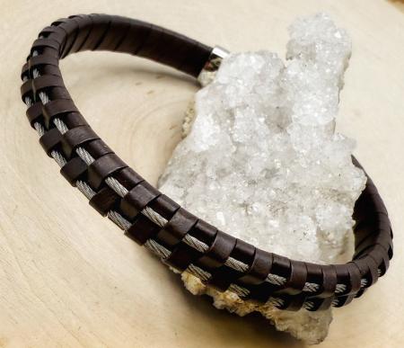 Stainless steel cable and brown leather bracelet. $96.00