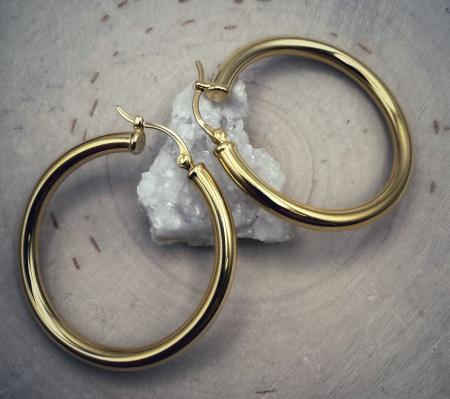 Sterling silver 22 karat yellow gold vermeil 3mm x 30mm large hoops. $125.00