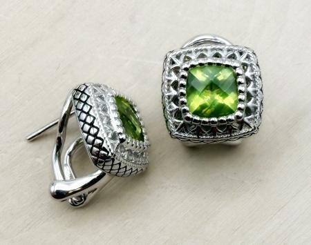 Sterling silver checkerboard cushion cut peridot earrings. $250.00