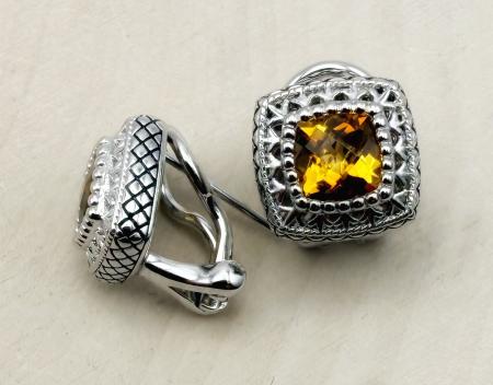 Sterling silver checkerboard cushion cut citrine earrings. $250.00