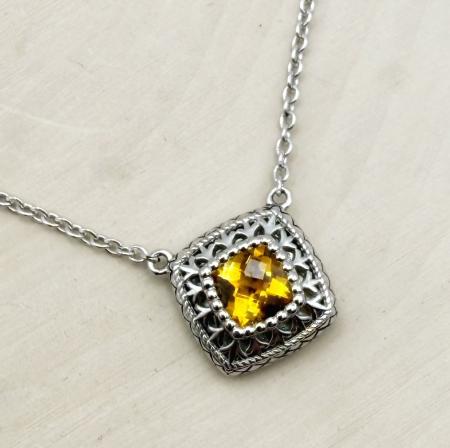 Sterling silver checkerboard cushion cut citrine necklace. $250.00
