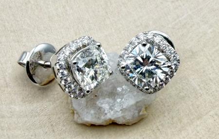 14 karat white gold cushion cut lab diamond halo stud earrings. $3700.00